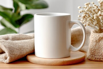 Poster - Plain White Ceramic Coffee Mug on Wooden Coaster with Green Plant and Dried Flowers in Rustic Container in Bright Natural Light