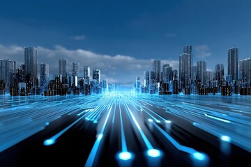 Poster - Futuristic digital cityscape with glowing blue neon lines high-rise skyscrapers modern architecture technology concept
