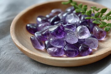 Poster - Smooth polished amethyst gemstones in a wooden bowl with a small green plant on textured gray fabric background