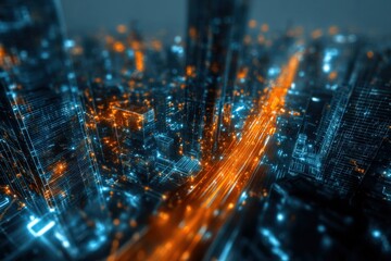 Poster - High-angle view of a futuristic city skyline at night illuminated by vibrant neon lights and bustling streets with digital effects