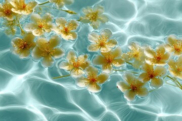 Poster - Beautiful delicate white and yellow cherry blossoms floating on clear turquoise water creating a peaceful sptime scene