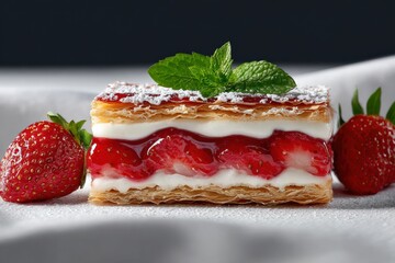 Aufkleber - Delicious layered strawberry and cream pastry dessert with fresh strawberries and mint garnish on a white plate perfect for sweet treats