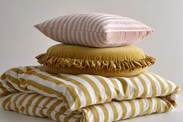 Poster - Stack of Decorative Pillow Cushions with Striped and Ruffled Fabrics in Pink Yellow and White for Cozy Home Decor and Comfortable Living Space