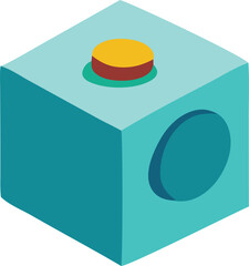 Aufkleber - A simple stylized teal cube with a circular indentation on one side and a red and yellow button on top