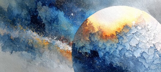 Wall Mural - ice planet with glowing north pole on watercolor paint art. generative ai technology.