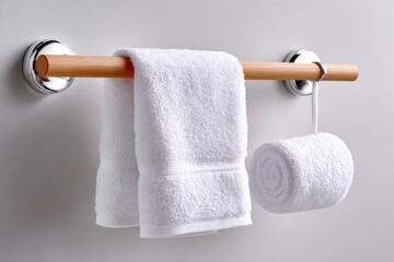 Poster - Clean and Organized Bathroom Towel Rack with White Cotton Towels Rolled and Folded for Bathroom Decor and Functional Use