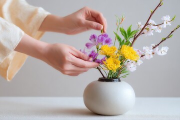 Poster - Elegant floral arrangement in minimalist white ceramic vase featu colorful sp blossoms and foliage for home decor