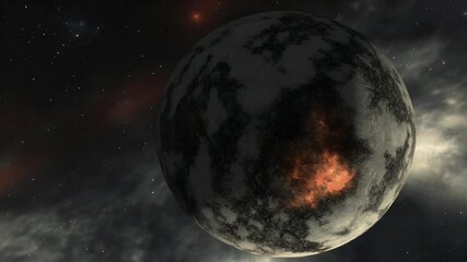 Poster - Animated celestial body with a pixelated surface and glowing orange core set against a star-filled cosmic backdrop with dramatic light and shadow.  