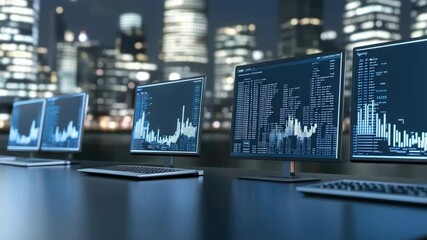 Poster - Multiple screens display data analytics and trading metrics with a city skyline backdrop, illustrating nighttime business activities