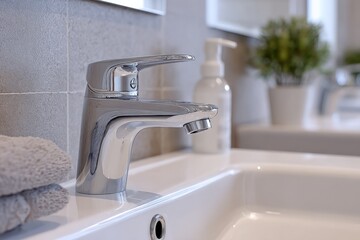 Poster - Close-up of modern shiny chrome bathroom faucet with white soap dispenser and plant in background on grey tiled wall