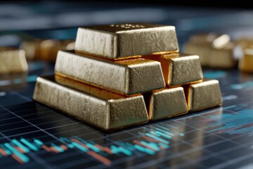 Poster - Close-up view of shiny gold and silver bars stacked in a pyramid shape on a financial chart background representing wealth and investment