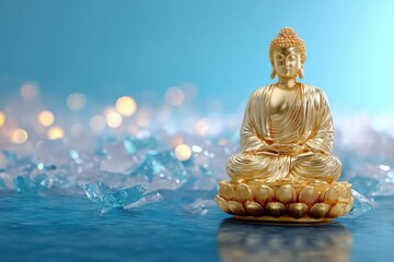 Aufkleber - Detailed close-up of a golden Buddha statue sitting in meditation pose on a lotus flower base with a tranquil blue background and shimme bokeh lights