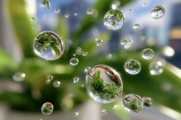 Poster - Close-up of water droplets on green plant leaves in sunlight with blurred outdoor background showing trees and sky, macro nature shot