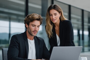 Poster - Professional business colleagues working together on a project using a laptop in a modern office setting with glass walls and natural light