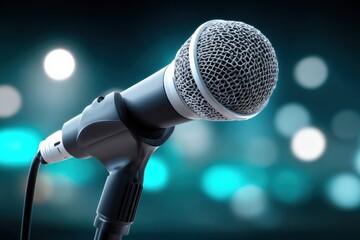 Poster - Close-up of a professional handheld dynamic microphone with a detailed metal grille and black body on a stand, ready for live performance or recording