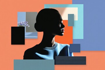 Poster - Artistic silhouette of young woman with bun hairstyle against colorful geometric background featu squares rectangles and shadows for creative visual design