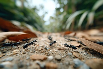 Poster - Close-up of black ants walking on a dirt path in a green lush forest with blurred foliage in the background du daytime