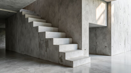 Poster - Modern concrete staircase design, showcasing minimalist architecture and industrial style. light enhances textures and shadows beautifully