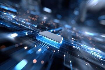 Poster - High-tech electronic microchip circuit board with glowing connections and advanced digital technology components in a futuristic setting