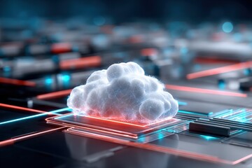 Poster - Futuristic Cloud Computing Concept with Cloud Icon, Digital Data Storage, Technology Network, and Data Flow in a Modern Cyber Environment