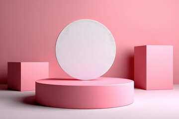 Leinwandbilder - Modern minimalist pink and white geometric display with circular and rectangular shapes on soft pink background for product presentation
