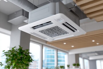 Poster - Modern commercial air conditioning unit mounted on ceiling for climate control in office or workspace environment with natural light
