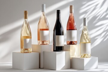 Poster - Assorted luxury glass wine bottles with blank labels and elegant design arranged on white pedestals in bright setting with shadows and reflections