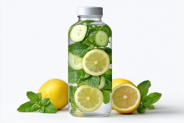 Poster - Refreshing Lemon and Cucumber Infused Water in Clear Bottle with Fresh Mint Leaves Brightly Lit on White Background