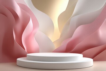 Poster - Abstract Soft Colored Flower Petal Background with Elegant White Circular Platform for Product Display and Artistic Design
