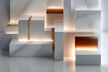 Poster - Modern minimalistic white marble and illuminated cube architecture with geometric stepped design and warm backlit accents for contemporary interior decor