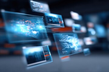 Poster - Futuristic Digital Interface with Multiple Overlapping Computer Screens Showing Data and Technology Graphics in a High-Tech Environment