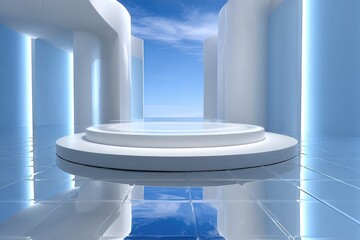 Poster - Modern futuristic luxury showroom interior with sleek white and blue illuminated cylindrical structures and reflective tiled floor