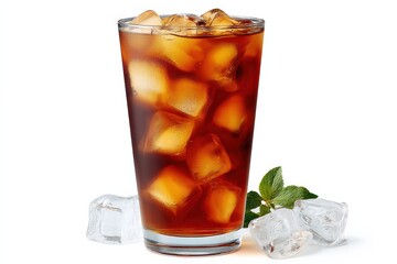 Poster - Refreshing cold dark cola beverage with ice cubes and fresh mint leaves in a tall glass isolated on white background