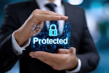 Poster - Businessman in formal suit holding holographic digital shield and lock icon representing digital security and protected data in a modern corporate setting