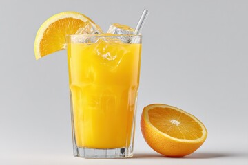 Poster - Refreshing cold orange juice with ice cubes in a tall glass garnished with a lemon wedge and served with a halved fresh orange on a neutral background