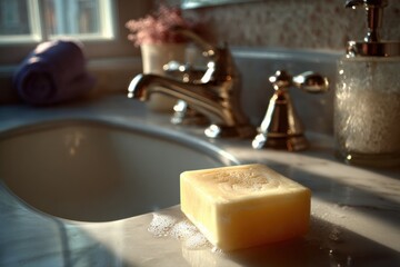 Poster - Close-up of a natural soap bar resting on a bathroom sink with a shiny faucet, soap dish, and decorative elements in the background