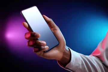 Poster - Close-up of a hand holding a modern smartphone with a blank screen against a vibrant purple and blue blurred background