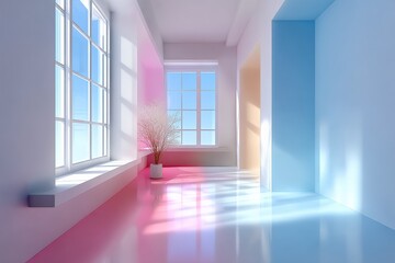 Poster - Bright modern interior room with large colorful lighting and a decorative plant creating a vibrant and airy living space