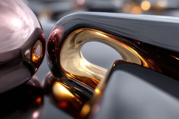 Aufkleber - Close-up of interconnected metallic spheres and tubes with reflective surfaces in an abstract modern art composition showcasing shiny and smooth textures