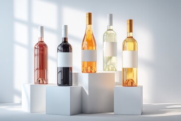 Poster - Elegant collection of five colorful wine bottles with blank labels arranged on white podiums in bright minimalist setting with shadows and natural light
