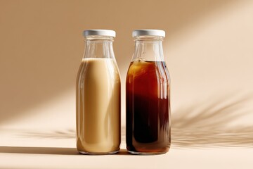 Aufkleber - Two glass bottles filled with creamy light brown and dark brown beverages placed on a warm beige background with soft shadows and gentle lighting