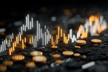 Fototapete - Close-up of a digital financial stock market trading chart with glowing lines and coins representing economic growth and investment concepts