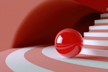 Poster - Modern minimalistic interior design with a glossy red sphere on a striped surface near stairs in warm pastel tones