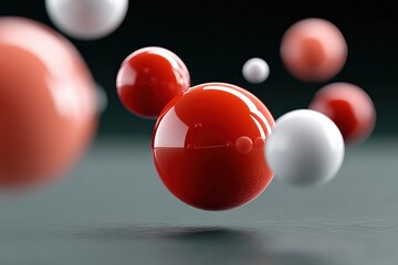 Poster - Highly detailed 3D rende of red and white spherical molecules or particles floating in space with reflections and shadows for scientific illustration