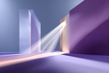Poster - Abstract modern interior with illuminated open doorways and colorful background creating futuristic geometric space scene