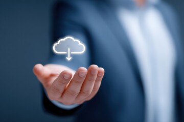 Poster - Businessman in a suit holding a digital cloud icon representing cloud computing technology and data storage in a modern corporate environment