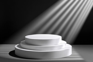 Poster - Elegant White Circular Pedestal Display Platform with Spotlight Illumination on Black Background for Product Presentation