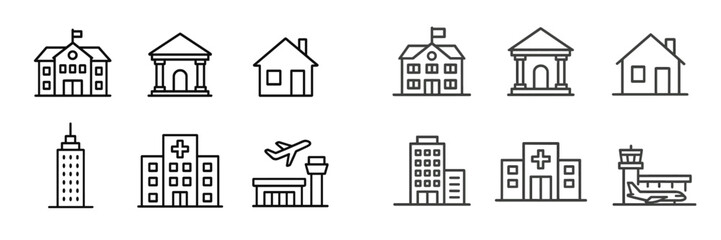 Poster - Collection of simple line drawings representing various building types and structures in a minimalist design aesthetic