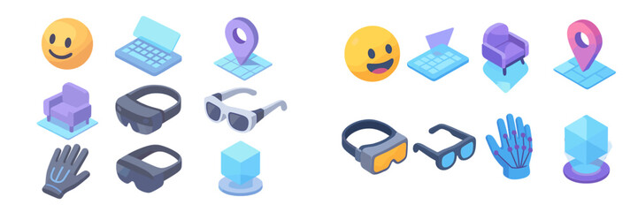 Poster - Collection of colorful icons representing technology and virtual reality elements viewed on a light background