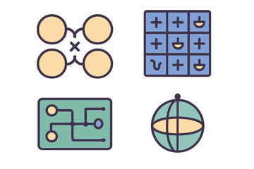 Poster - Abstract illustrations depicting mathematical and scientific concepts in a creative arrangement on a light background
